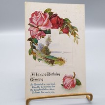 Antique Embossed BIrthday Greetings Postcard Rose Bud Flowers, Victorian Golden - £7.77 GBP
