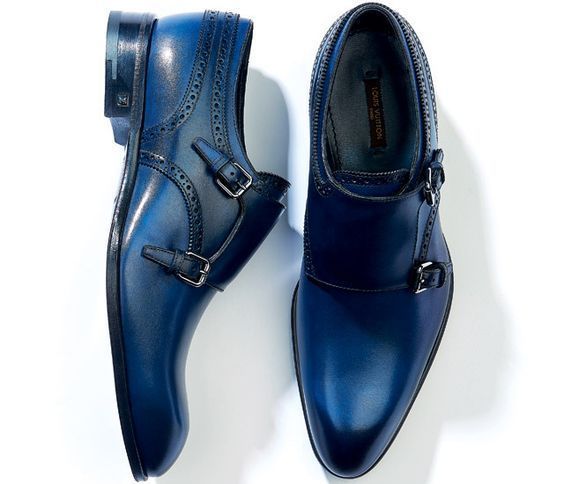 NEW Men Blue Color Monk Double Buckle Strap Plain Rounded Toe Genuine Leather Sh