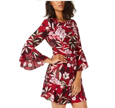 Bar III Women 0 Red Printed 3/4 Bell Sleeve Hidden Zip Mini Dress NEW - £22.09 GBP