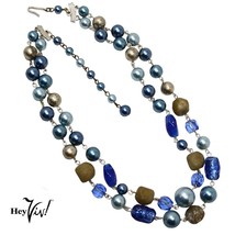 Vintage Double Strand Bead Necklace Signed Japan Blue and Gold 18&quot; Long -Hey Viv - £20.33 GBP