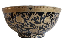 Chinese Black and Gold Tapestry Motif Porcelain Bowl 12&quot; Diameter - £119.08 GBP