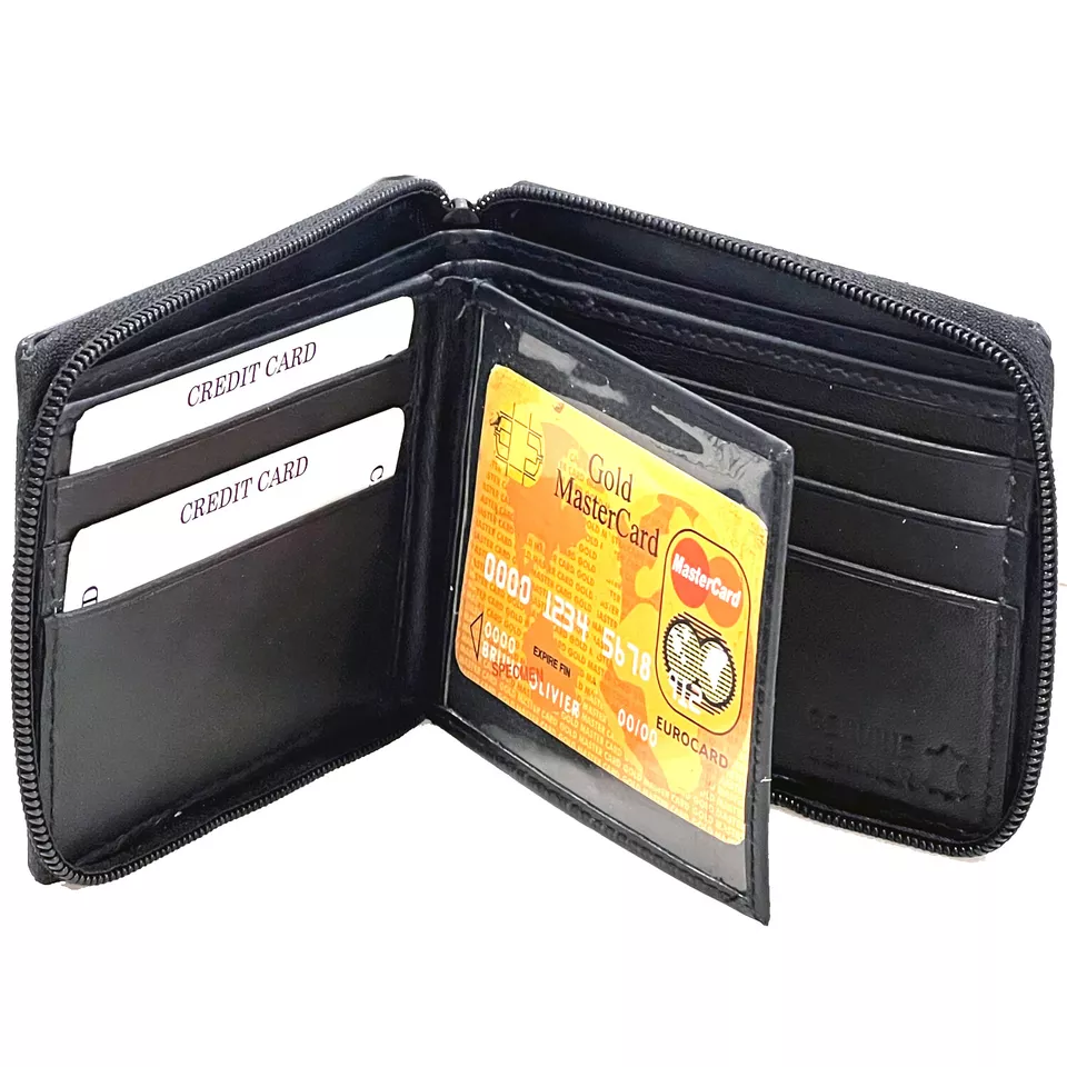 1 Black Zipper Around Mens Bifold Trifold Genuine Leather Wallet - $19.00