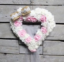 Stunning elegant Shabby Chic Cottage Rose Heart 14&quot; Wreath Handmade in USA - £51.14 GBP