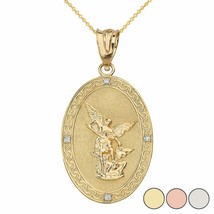 10k Solid Real Gold Diamond Archangel Michael Prayer Large Oval Pendant Necklace - £162.76 GBP+