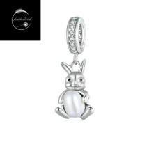 Genuine Sterling Silver 925 Love Rabbit Animal Dangle Pendant Charm With Pearl - £16.92 GBP