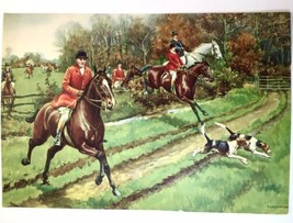 Antique Litho G.D. Rowlandson Men on Horses Hunting Foxes with Dogs 16&quot;x11&quot; - £43.94 GBP