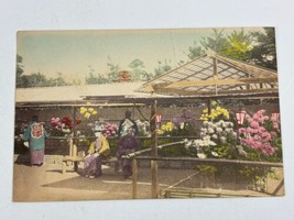 Antique Oriental Men in Kimonos with Flower Garden Hand Color Postcard - £5.45 GBP