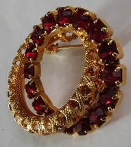 Double Ring Red Rhinestone Brooch Scarf Pin Vintage  - £12.58 GBP