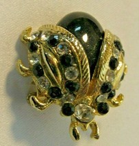 Crystal Rhinestone Black Enamel Ladybug Gold Tone Pin Brooch 1&quot; Unsigned - £7.98 GBP