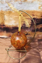 Hand Blown Art Glass Speckled Amber Orb Witch Ball Sphere Ornament w/Rib... - £42.84 GBP