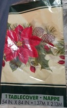 Red Green Poinsettia Christmas 1 Ct  Plastic Tablecover 54 x84 - $4.95