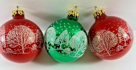 Vintage Lot 3 KREBS Red Green White Stencil Winter Tree Forest Glass Ornaments - £19.77 GBP