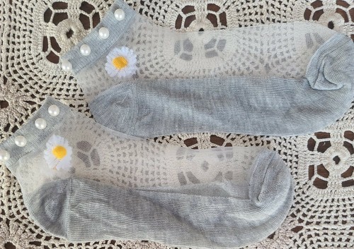 Handcrafted ~ Gray ~ Embellished w/Pearls ~ Embroidered Daisy ~ Ankle Socks Item image 4