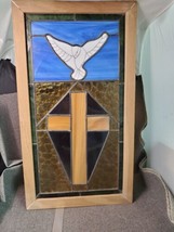 Vintage Leaded Stained &amp; Slag glass Framed Window Panel Cross And Dove - £83.53 GBP