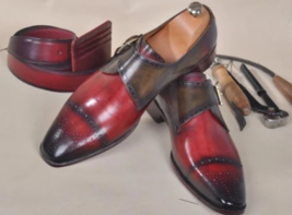 Men Handmade two toe red Single Monk Shoes with matching free Blet and w... - $233.39