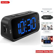Compact Digital Dual Alarm Clock with USB Charger &amp; 0-100% Brightness, Blue - $39.55