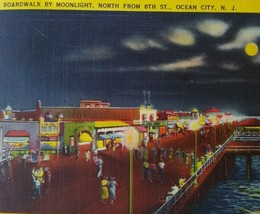 Ocean City Postcard New Jersey Boardwalk By Moonlight Beach Town Linen 1946 Moon - £11.30 GBP