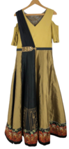 Indian Bollywood Batik Formal Long Gown Dress Gold Black Sash 6 8 Embroi... - £110.04 GBP