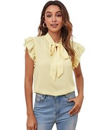 Women&#39;s Casual Short Sleeve Ruffle Trim Bow Tie Blouse, Yellow, M - $11.87