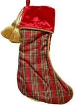 Christmas Plaid 20&quot; Stocking Gold Tassels Braid Velvet Top Satin Lined G... - $33.29