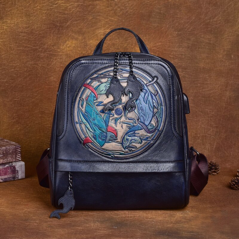 Primary image for Vintage Women's Backpack Genuine Leather Handmade Embossed Women Bag Leisure Lar