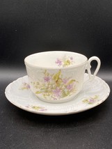 Carl Teilsch tea cup&amp; saucer, white porcelain, purple floral. ANT 1887 G... - £32.51 GBP