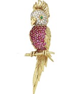 18k Yellow Gold Bird Cockatoo Brooch with Ruby, Diamond, and Emerald - $19,503.05 CAD