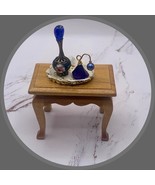 Dollhouse Miniatures • Blue Perfume Bottle Set With Doily Lined Vanity Tray - £6.89 GBP