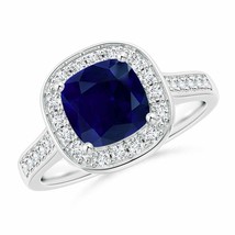 ANGARA Classic Cushion Blue Sapphire Ring with Diamond Halo in 14K Gold - £2,136.14 GBP