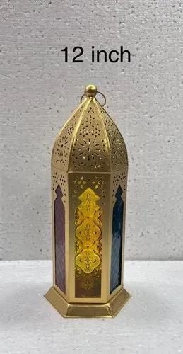 Moroccan Metal Lantern in Radiant Golden Hue - A 12-Inch Hanging Lantern  - £32.05 GBP