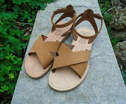 Women&#39;s Handmade Greek Leather Ankle Strap Nubuck Sandals - £39.78 GBP