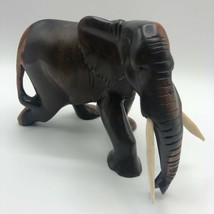 Elephant Figurine Hand Carved Light Dark Brown Wood Trunk Down 6&quot; x 8&quot; - $58.00