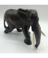 Elephant Figurine Hand Carved Light Dark Brown Wood Trunk Down 6&quot; x 8&quot; - £45.42 GBP