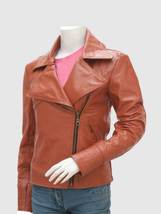 Women Styles Leather Biker Jacket Brown Color Lapel Collar Zipper Closure - $199.99