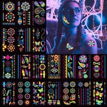 Neon Temporary Tattoos 20 Large Sheets Glow In The Dark UV Tattoos Glitter Butte - £18.78 GBP