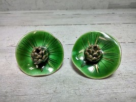 Vintage Hand Painted Porcelain Lily Pad Green &amp; Gold Screw Back Earrings... - $16.65
