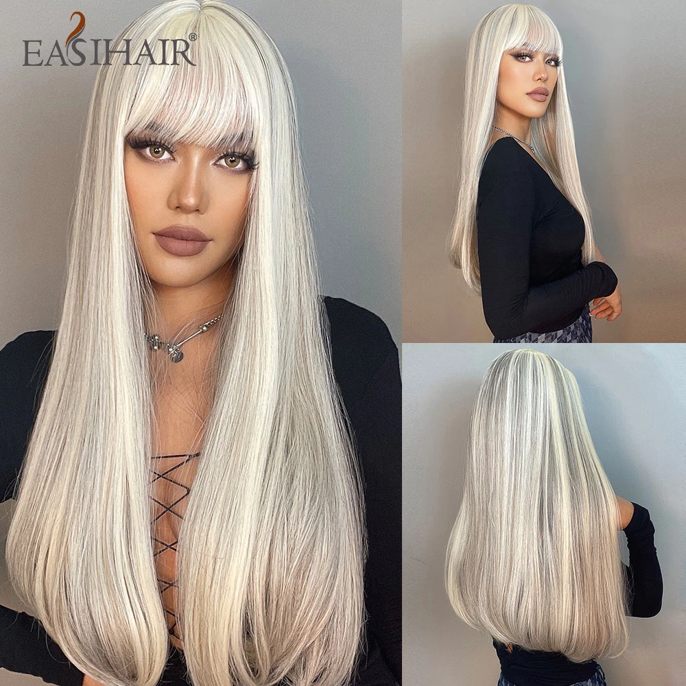 EASIHAIR Mixed Ash Blonde Wigs with Bang Long Straight Synthetic White Wigs for - £21.57 GBP+