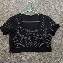 SHEIN Rhinestone Scoop Neck Crop Top (L) Large Women Black Blouse Top - €7,70 EUR