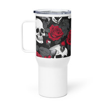 New 25oz Travel Mug w/Handle Roses &amp; Skulls Red Stainless Steel Spill Pr... - £17.69 GBP