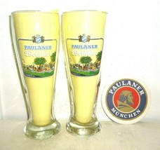 2 Paulaner Munich Biergarten Weissbier Weizen German Beer Glasses &amp; Coasters - £12.01 GBP