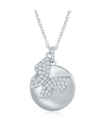 Sterling Silver Shiny Disc with Micro Pave CZ Butterfly Necklace 18&#39;&#39; - £53.08 GBP