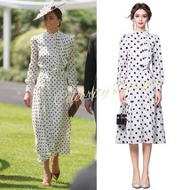 Kate Middleton Inspired White Polka Dot High-Neck Ruffled Fit-&amp;-Flare Dr... - $129.23