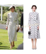 Kate Middleton Inspired White Polka Dot High-Neck Ruffled Fit-&amp;-Flare Dr... - $129.99