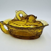 Gravy Boat Dish Dolphin Koi Fish Finial Amber Glass Lid Covered Bowl MCM - $49.50