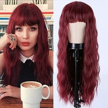 Burgundy Wavy Wig Wine Red Wavy Wig 99J With Bangs Heat Resistant Synthetic 22“ - £18.68 GBP