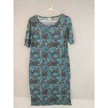 Lularoe Julia Dress Size Medium Gray With  Turquoise Flowers - £8.52 GBP