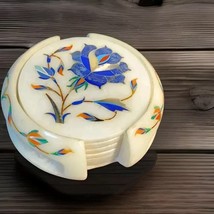 Marble Coaster Set with Lapis Inlay – Semi-Precious Stone Floral Art Lux... - $4,419.45 MXN