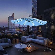 10 FT Solar LED Patio Outdoor Umbrella Hanging Cantilever Umbrella, Light Blue - £125.70 GBP