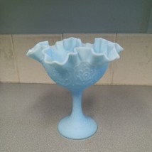 Fenton Blue Satin Glass Persian Medallion Ruffle Edge Pedestal Compote Dish - $13.82
