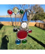 Vintage Colorful Stained Glass Suncatcher Collared Clown Holding Balloons - £7.78 GBP